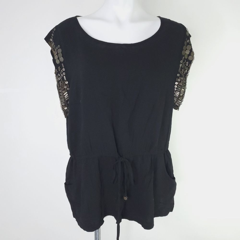 Z. Cavaricci Short Sleeve Embellished Blouse Top Black Gold sz 4